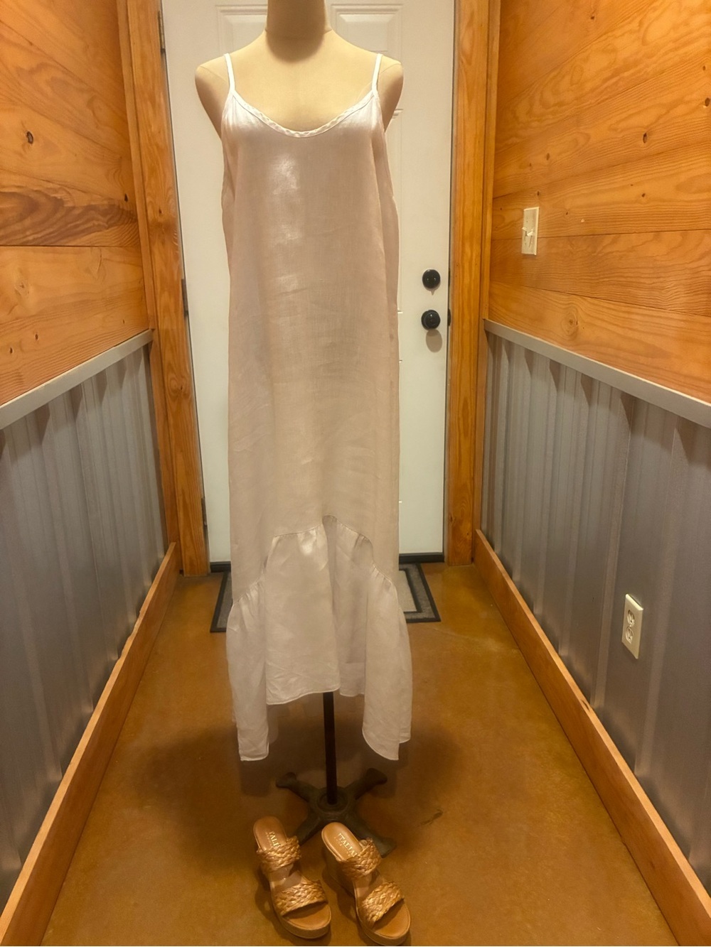 Classic White 100% Linen Made In Italy Slip Maxi Dress with Ruffle Hem